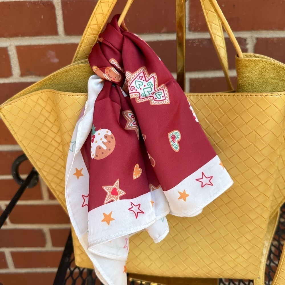 Stylish Red and White holiday scarf. 21.6 x 21.6 gingerbread men